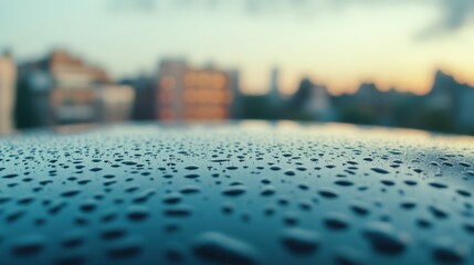 Abstract view of rain patterns on car roof at sunset