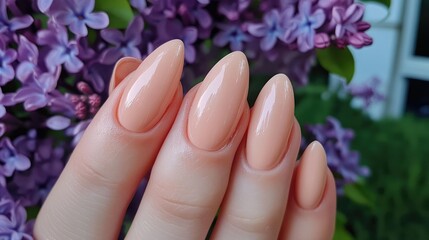 Fototapeta premium Manicured peach nails against a background of blooming lilacs, exuding elegance and spring charm