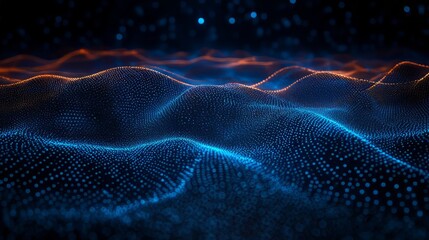 Abstract digital wave pattern in vibrant blue and orange hues against a dark background.