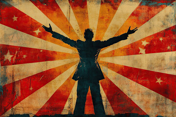 Circus poster design with a male artist against the background of red and white rays. Retro circus, theater, performance concept. Poster, banner, advertising