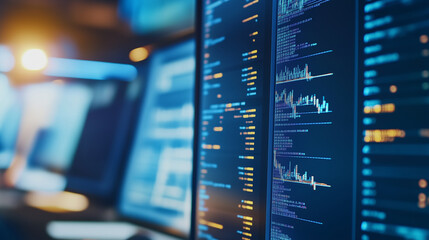 A vibrant computer monitor showing a live candlestick chart and fluctuating stock prices, offering detailed financial insights for investment strategies. The screen reflects the fa