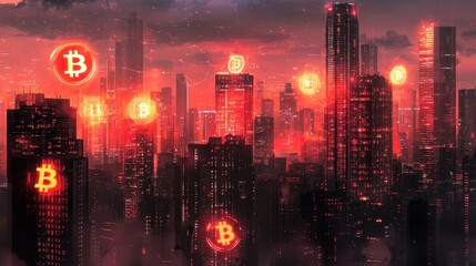 Obraz premium Crypto Cityscape: A Futuristic Metropolis Illuminated by Bitcoin Symbols at Dusk