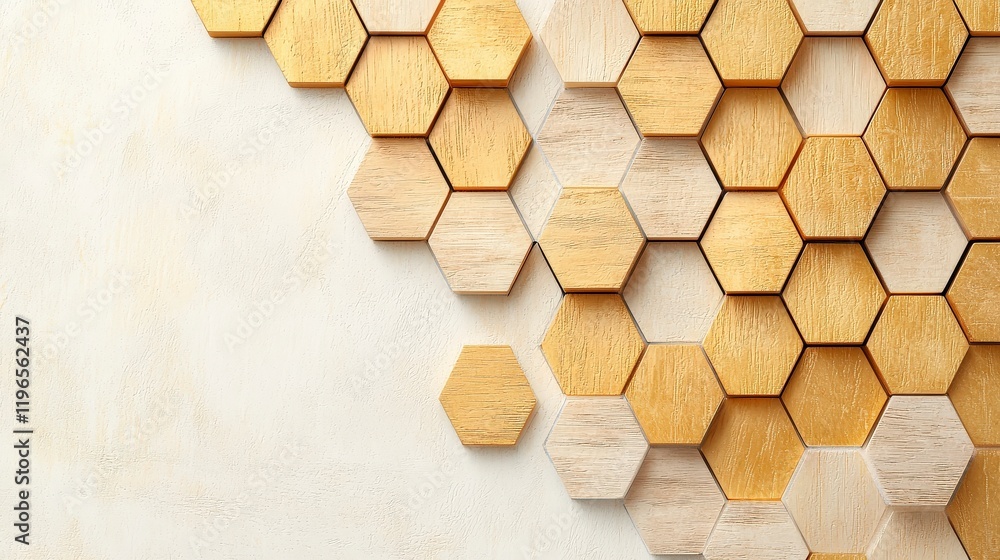 Poster honeycomb pattern of wooden hexagons in various shades on a soft textured background