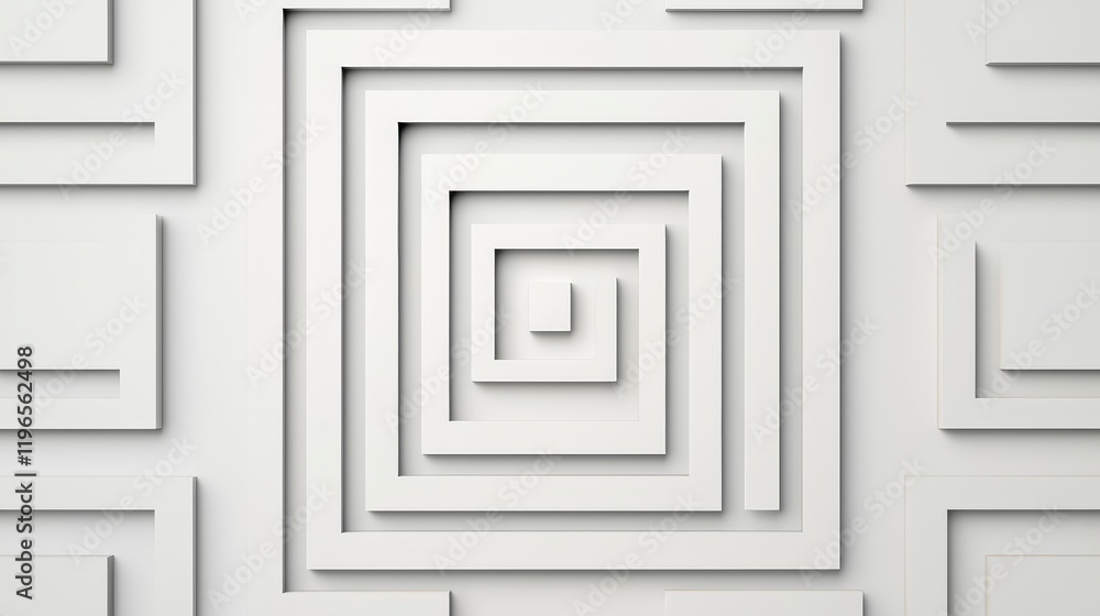 Poster abstract geometric pattern of layered white squares creating a spiral illusion on a minimalistic bac