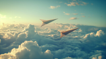 Paper airplanes flying in a blue sky with fluffy clouds during daytime. Generative AI