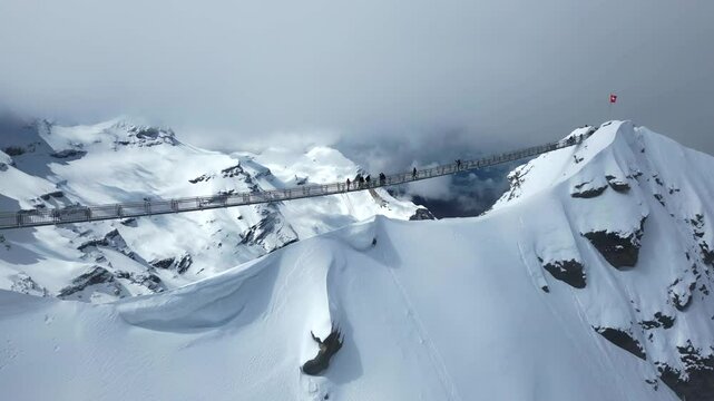 Aerial view of the 3000 metre Peak to Peak suspension bridge at Les Diablerets, Switzerland.