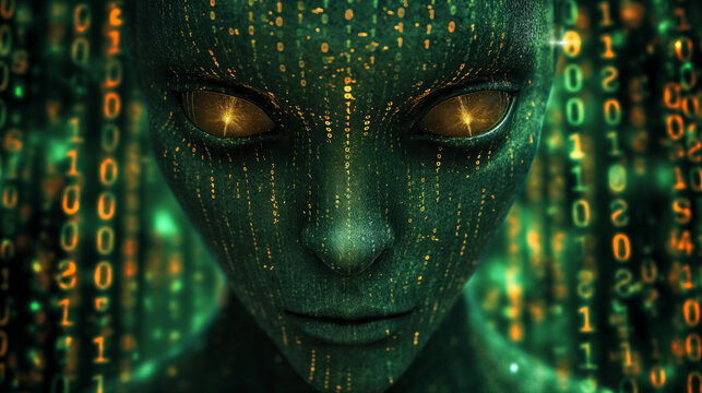 Green binary code fills the screen with alien glyphs surrounding a mysterious being. Generative AI