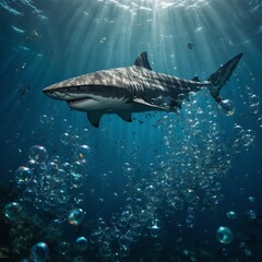 Naklejka premium A shark surrounded by sparkling bubbles, as if in a dreamlike underwater fantasy.
