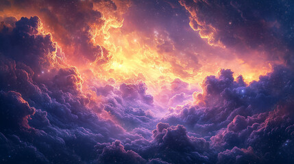 Naklejka premium fiery core illuminates billowing clouds in shades of orange and purple in a stunning sky spectacle