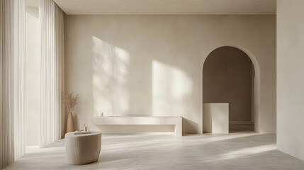 Minimalist workspace with modern decor, featuring soft lighting and neutral tones. serene atmosphere invites relaxation and creativity