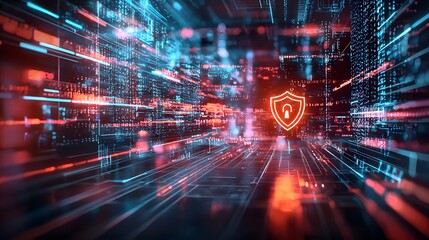 A futuristic digital network with glowing data lines, shield and lock symbols. Represents security and privacy.