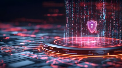 A futuristic digital network with glowing data lines, shield and lock symbols. Represents security and privacy.
