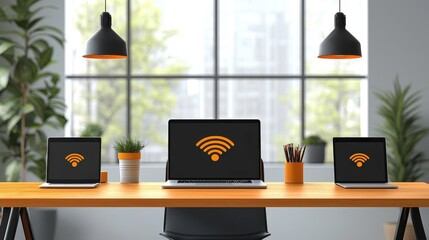 Optimizing Wireless Connectivity in Modern Office Space Flat Design Illustration