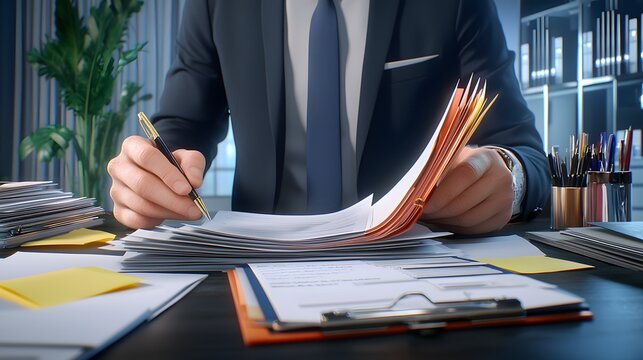 The manager is diligently sorting and organizing important documents in a filing cabinet, emphasizing order and proper documentation management.