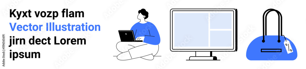 Aufkleber man using laptop sitting cross-legged, next to a computer monitor and blue handbag with tag. ideal f