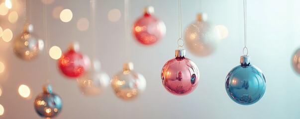 Christmas decorations, colorful baubles hanging with shiny surfaces, festive atmosphere, perfect for holiday themes and winter celebrations, elegant design against a light background