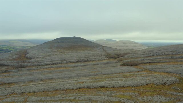 Aerial drone footage of Burren national park featuring iconic limestone hills. Glenquin, Kilnaboy