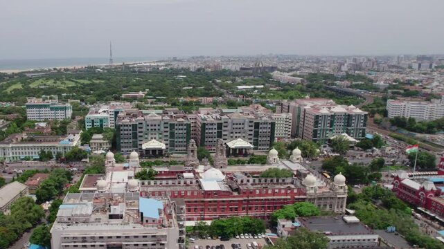 government hospital, Southern Railway Headquarters in chennai tamil nadu, daytime , 4k, drone shot