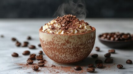 Steaming coffee cup garnished with cocoa powder, surrounded by scattered beans on a pristine background