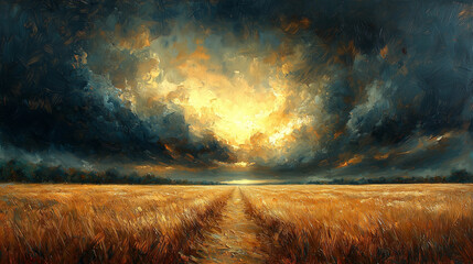 Rich Golden Hues Meeting Ominous Clouds in a Field