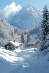 Fototapeta premium Snowy Mountain Cabins Winter Wonderland Scene