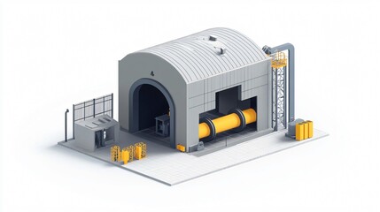 Industrial Building with Yellow Pipes: Isometric 3D Render