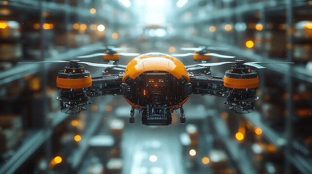 a drone flying in a large warehouse