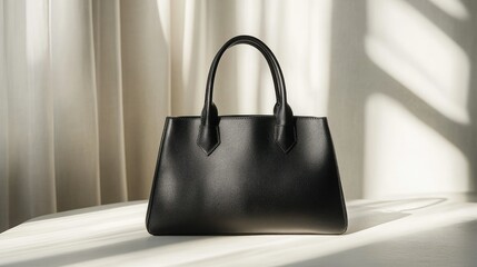 Timeless black leather handbag with subtle texture and clean lines, displayed on a white canvas