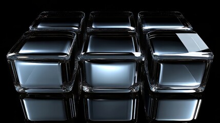 Fototapeta premium Six transparent glass cubes arranged on a reflective surface.
