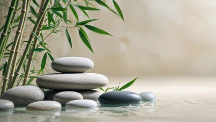 自然の美しさをミニマルに表現した温泉石と竹の葉が織りなす癒しの風景. 生成AI