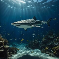 Naklejka premium A shark in an underwater scene where the ocean floor is scattered with glowing treasure.