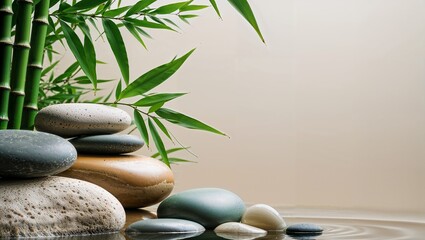 癒しを感じる温泉石と竹の葉がミニマルに配置された自然の静物風景. 生成AI