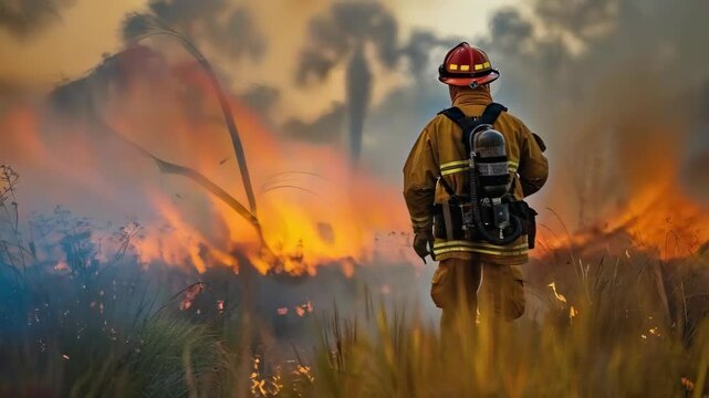 video of Fire fighter working with wildfire, ecological issues concept 
