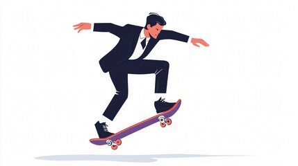 Businessman on a skateboard, an illustration of work-life balance, urban sport, and the modern professional's dynamic lifestyle.