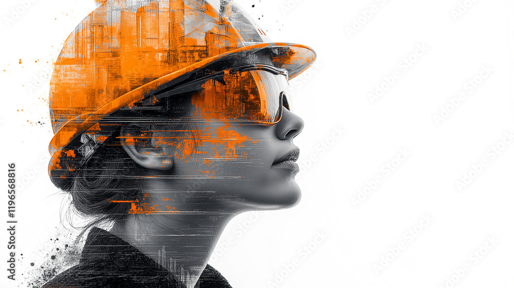 Aufkleber surreal portrait of a builder mixed with a construction site . generative ai