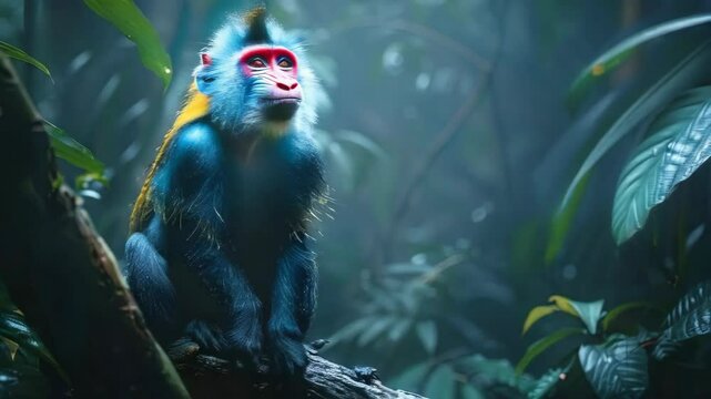 video of A Mandrill (Mandrillus sphinx) sitting on a tree branch in a dark tropical forest. Detailed portrait of the monkey in its natural habitat. 