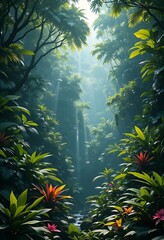 Naklejka premium Lush Tropical Rainforest Sunlight Streams Through Canopy