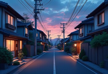 Fototapeta premium A beautiful japanese Tokyo city town in the evening. houses at the street. anime comics artstyle. cozy lofi asian architecture