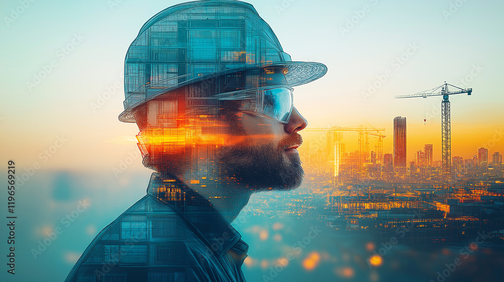 Poster surreal portrait of a builder mixed with a construction site . generative ai