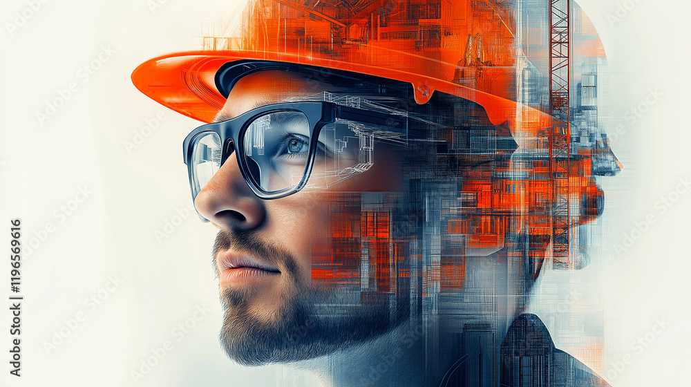 Poster surreal portrait of a builder mixed with a construction site. generative ai
