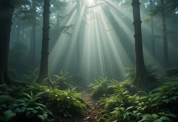 Obraz premium Sunbeams Illuminate a Misty Forest Path