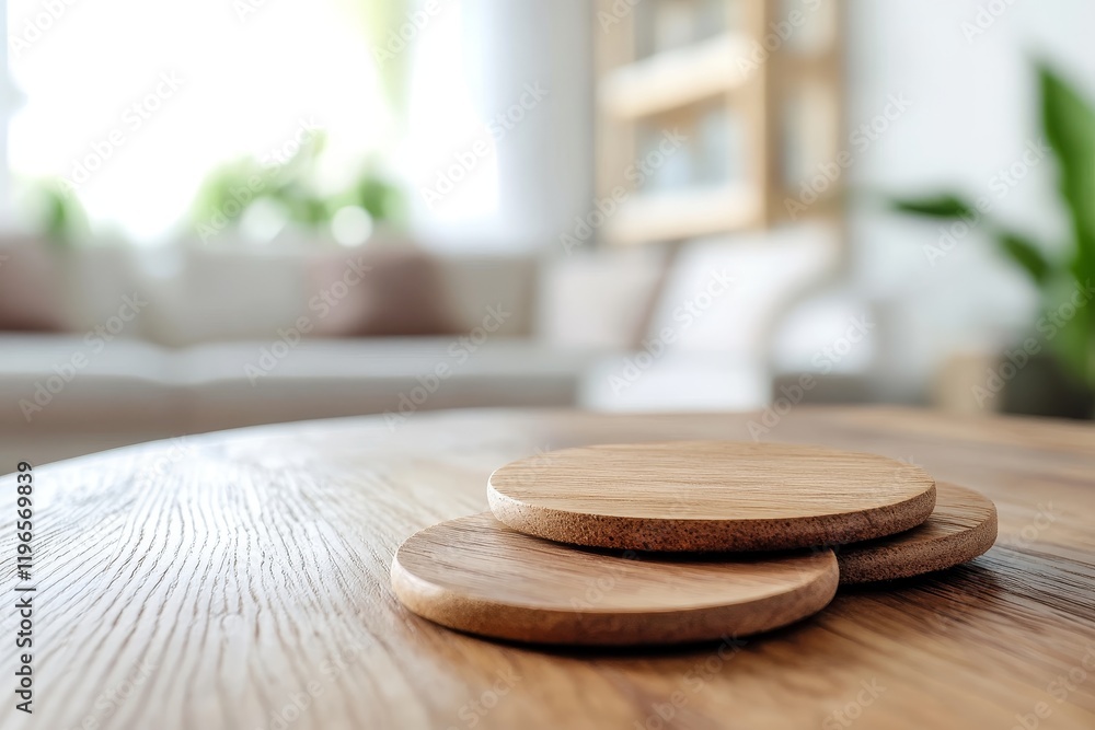 Wall mural Three wooden coasters on a wooden table in a blurred living room.