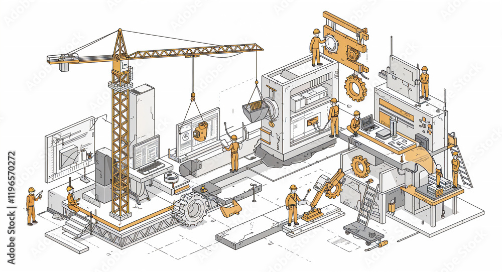 Poster cartoon sketch of workers in production.. generative ai