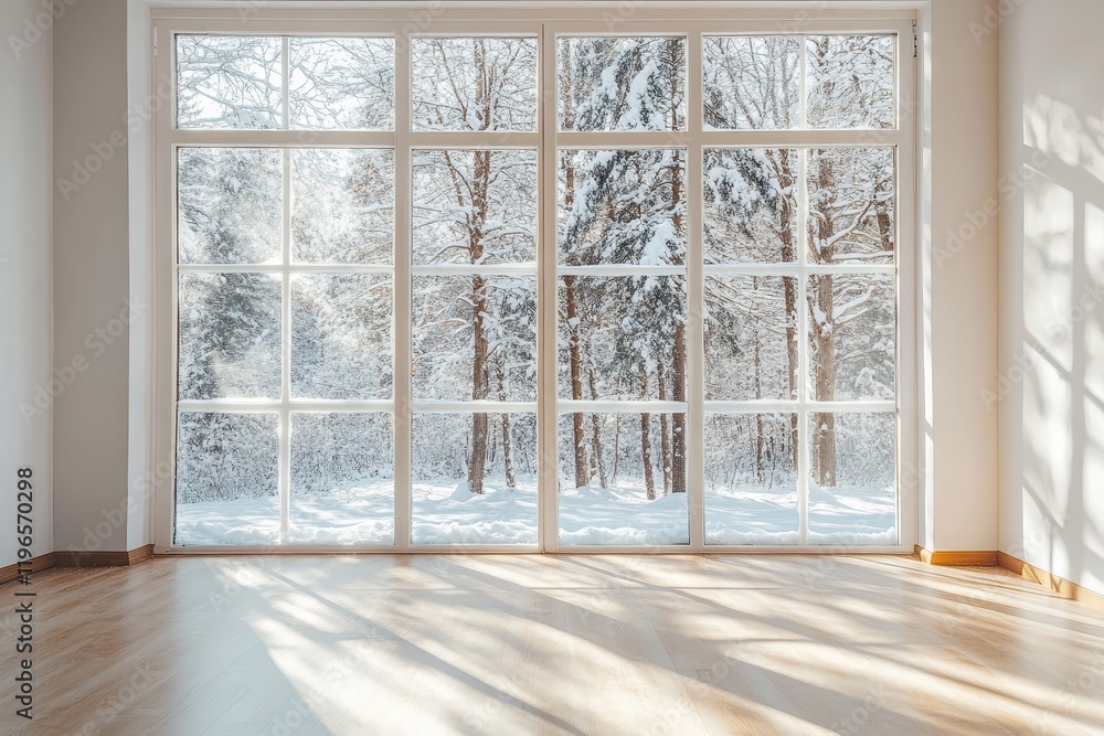 Poster sunlit empty room with large window overlooking snowy winter forest.