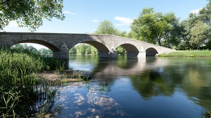 Fototapeta premium Scenic stone bridge over a calm river with lush greenery.