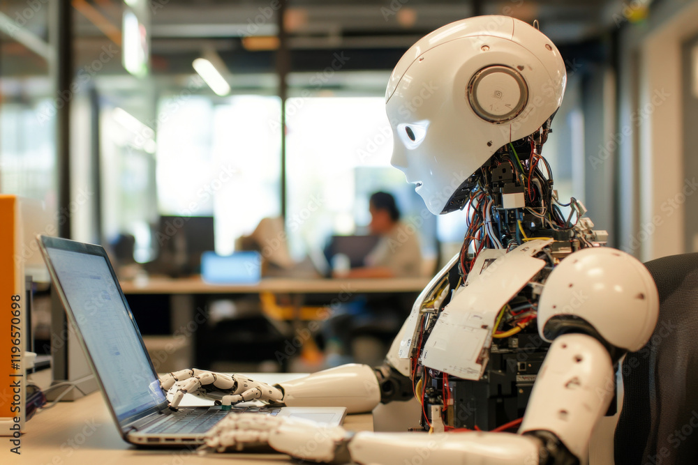 Poster futuristic humanoid robot sits in chair typing on laptop. robot working in office. collaboration bet