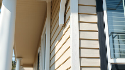 Obraz premium Modern House Exterior with Beige Vinyl Siding, White Columns, and Black Window Frames
