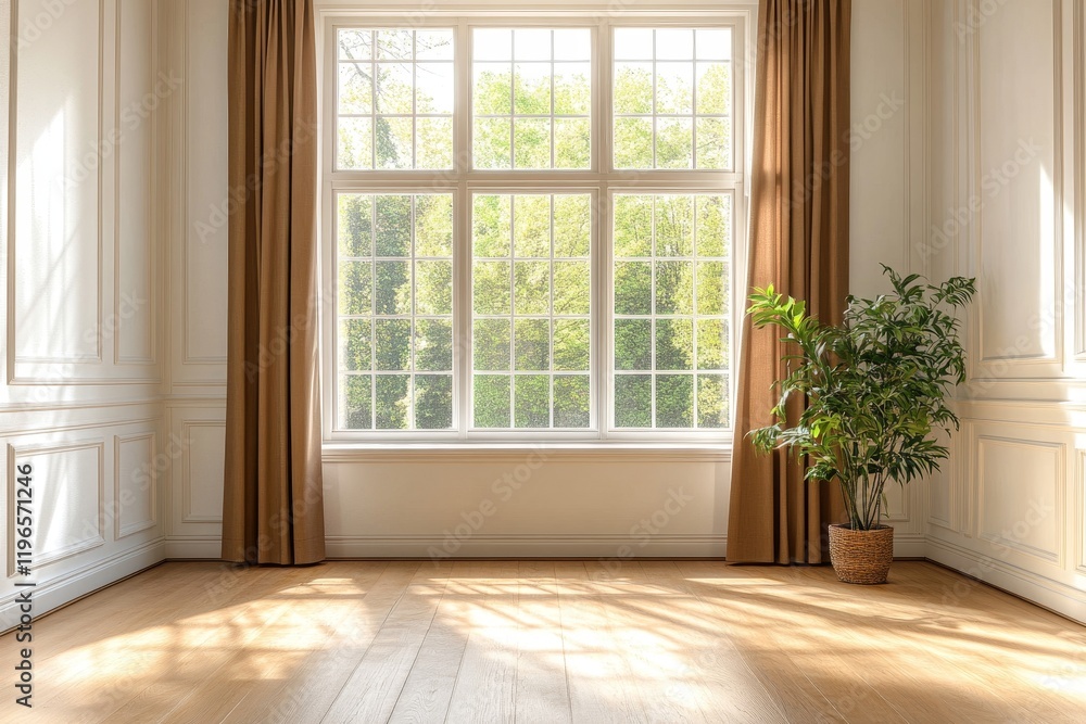 Poster sunlight streams through large window in empty room with hardwood floors and taupe curtains.
