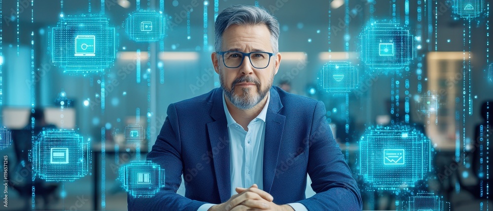 Poster tech professional engaged in encryption at modern office digital workspace professional environment 