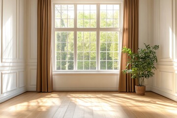 Sunlight streams through large window in empty room with hardwood floors and taupe curtains.